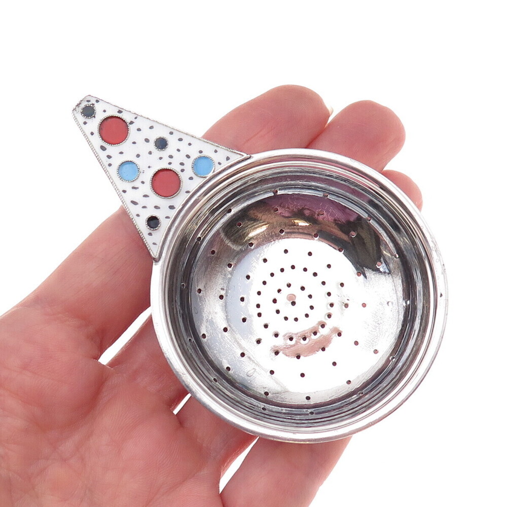 916 Silver Antique Art Deco Cloisonne Enamel Floral Tea Strainer